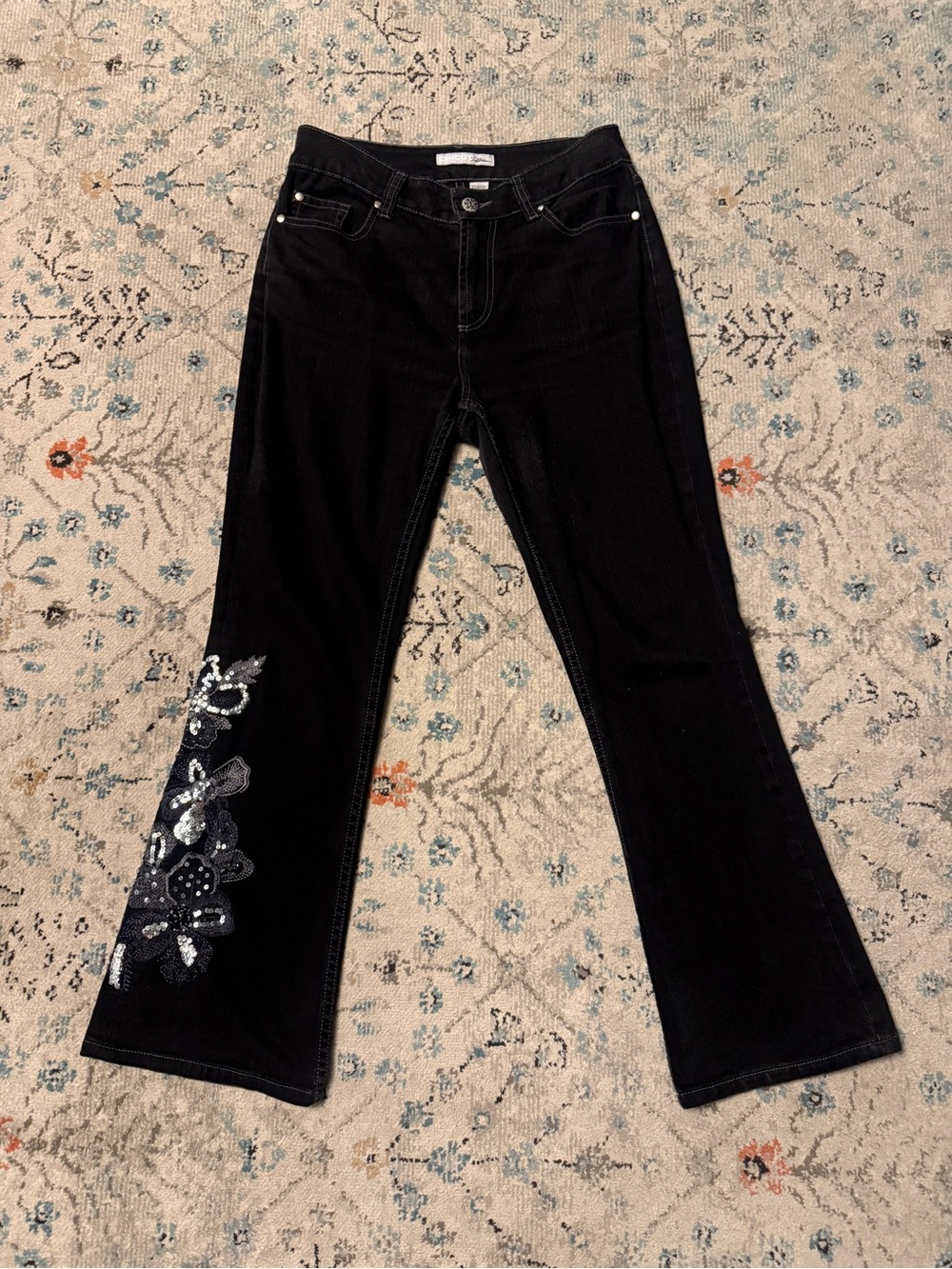 Black chicos y2k Jeans with Sequin Floral Accent